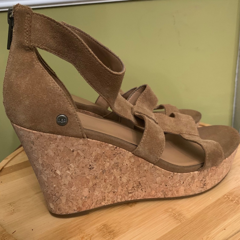 UGG Wedge Sandals Womens 8.5 Chestnut Whitney Suede Cork Platform Strappy Heel - Picture 6 of 8